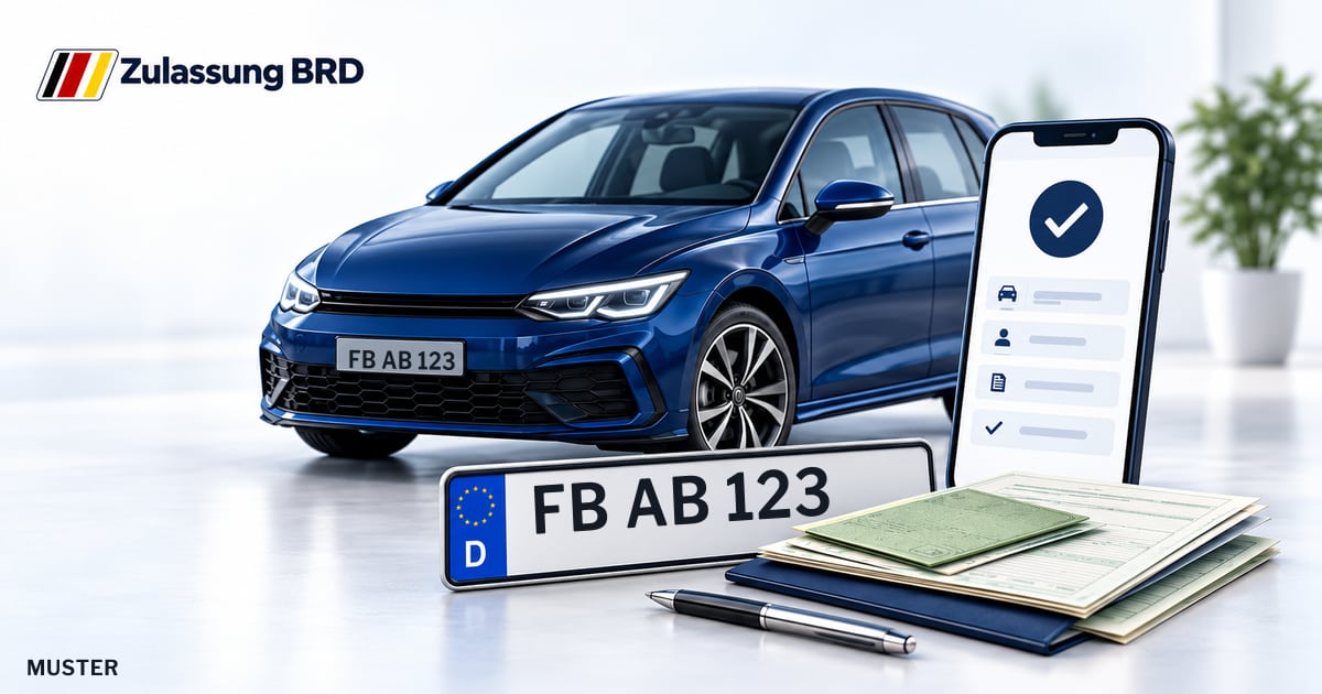 Online Fahrzeugzulassung in Ober-Mörlen: Musterkennzeichen FB AB 123, Auto und Fahrzeugpapiere und Smartphone. Illustration mit Logo von Zulassung BRD.